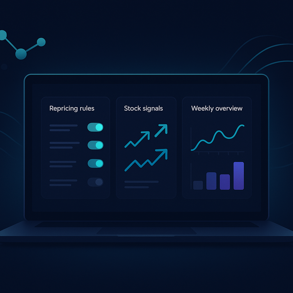 A dashboard interface showing repricing rules, stock signals, and a weekly market summary report on a laptop s