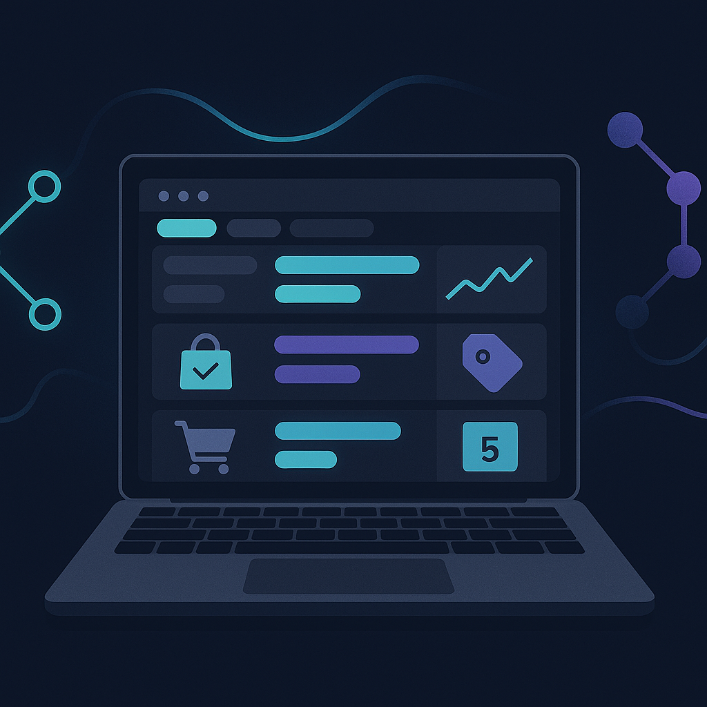 Flat-lay illustration of a laptop showing an ecommerce dashboard tracking competitor prices, promotions, and s