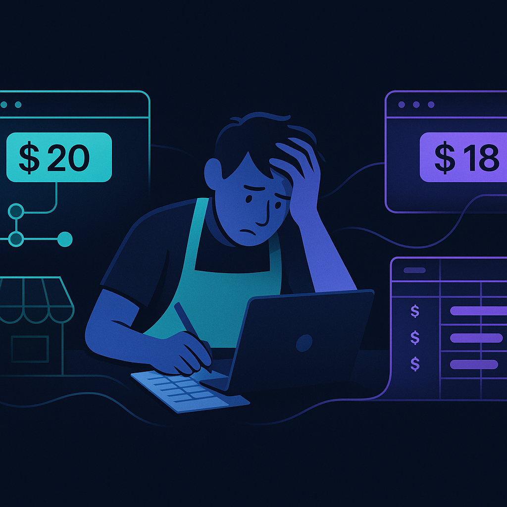 A frustrated small store owner surrounded by browser tabs and spreadsheets, manually copying competitor prices
