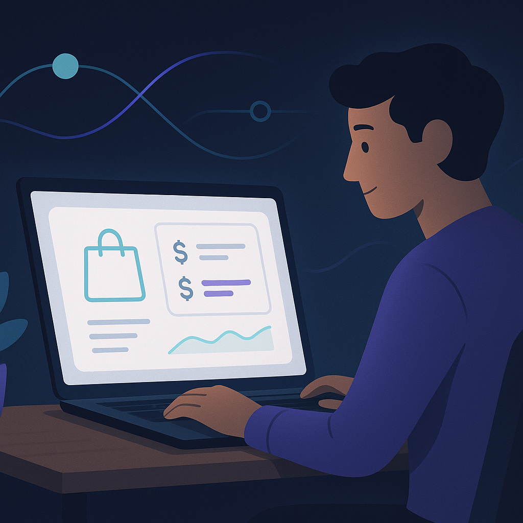 A calm online store owner at a laptop viewing a clean competitor price comparison, warm modern workspace