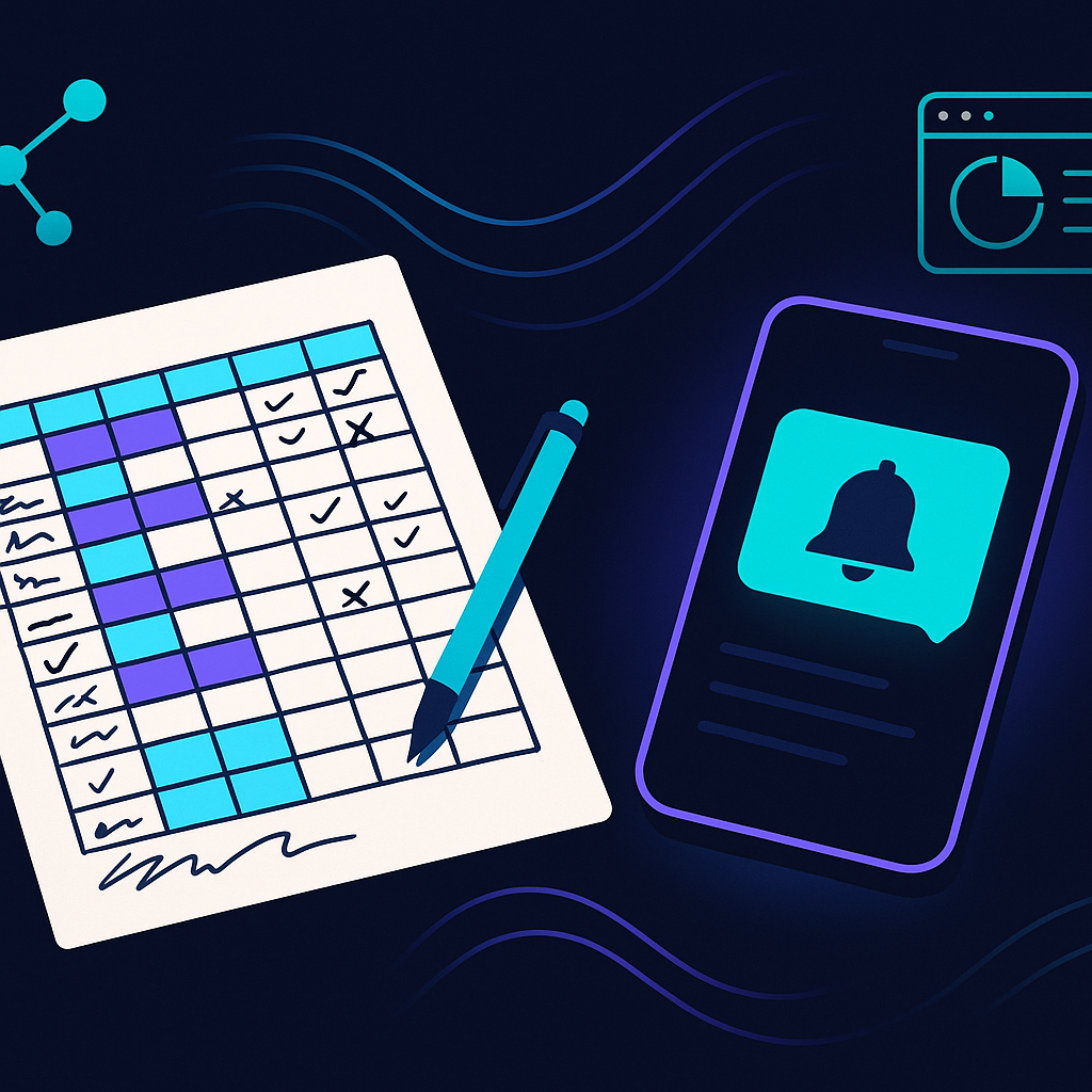 Flat-lay of a cluttered manual tracking spreadsheet versus a tidy automated alert on a phone, contrast composi