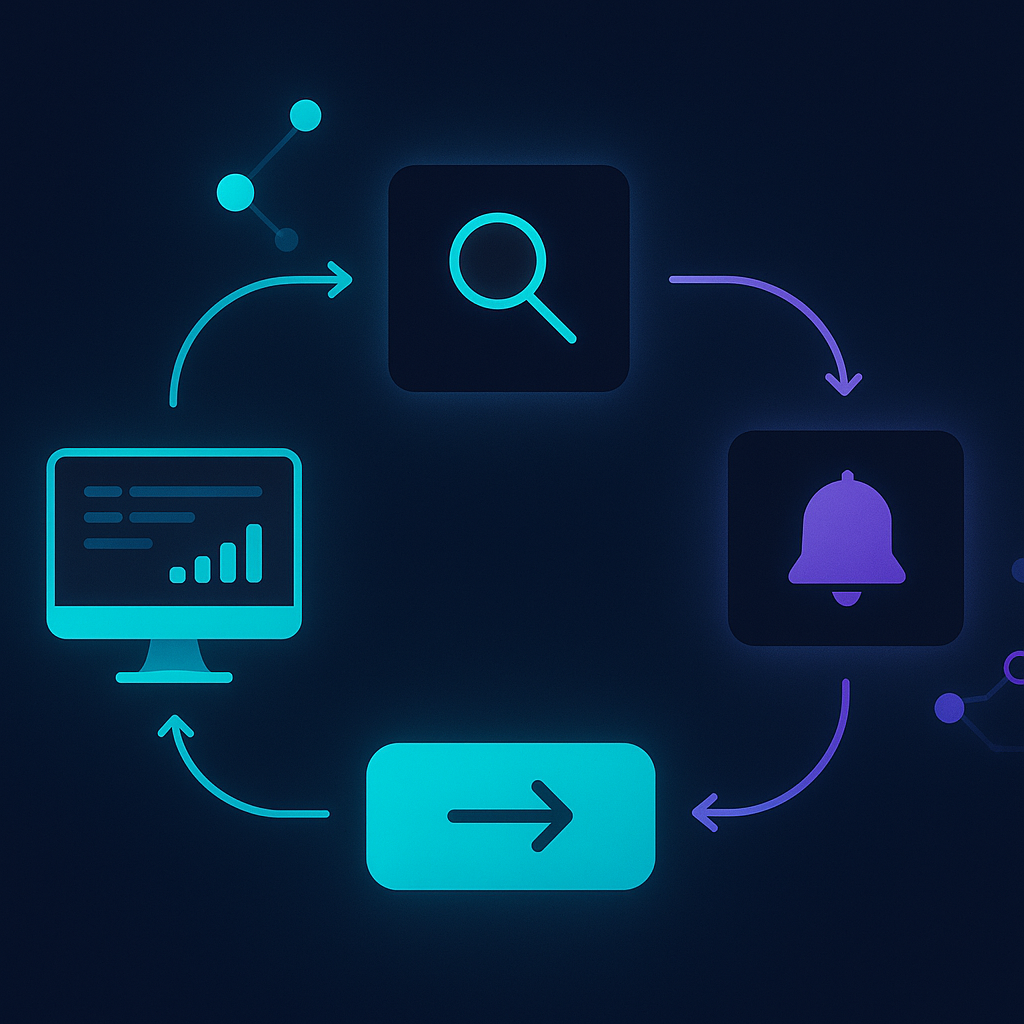 A simple flow diagram showing monitor, detect, alert, act steps in soft brand colors