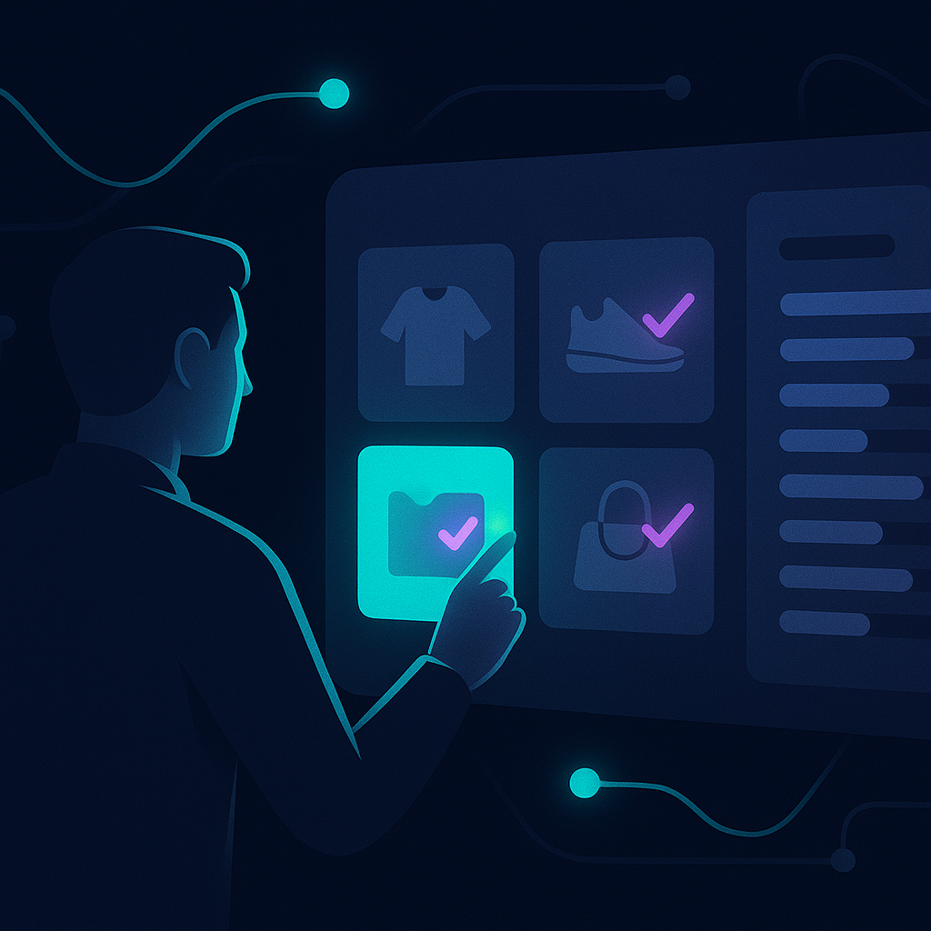 A focused ecommerce manager selecting a few hero products on a screen with a short competitor list, minimal cl
