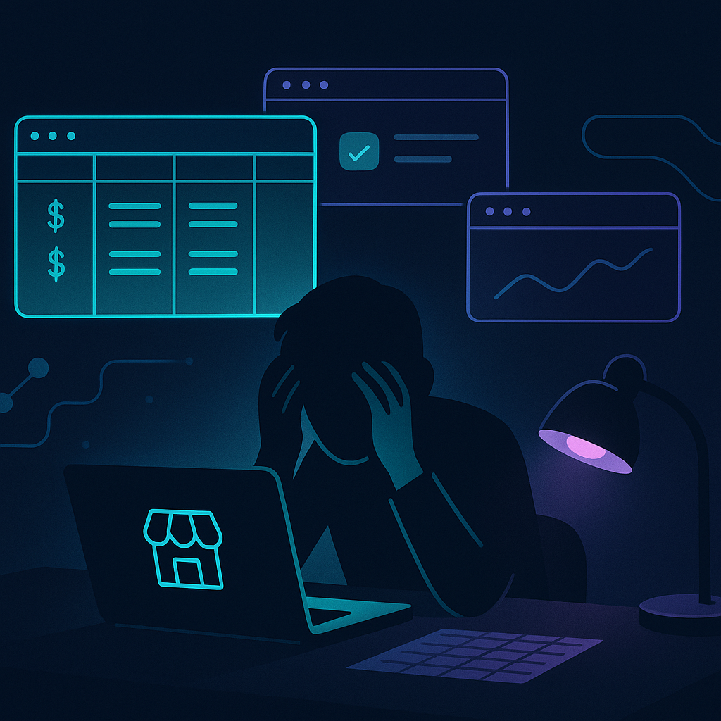 A stressed small ecommerce store owner at night surrounded by browser tabs and a messy price-comparison spread