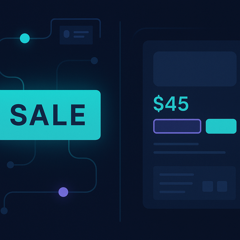 Split-screen of a competitor sale banner and a product page highlighting price, discount code, and free-shippi