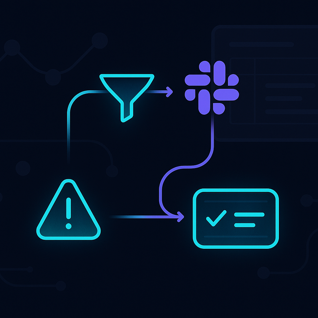 A simple flow diagram showing an alert being filtered, routed to a Slack channel, and turned into a single cle