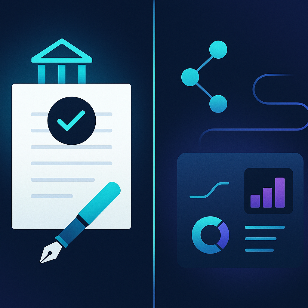 A split-screen illustration contrasting legal business registration paperwork on one side and workflow automat