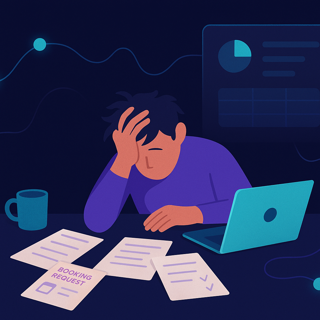 A stressed small-business owner at a desk surrounded by booking requests, follow-up notes, and spreadsheets, w