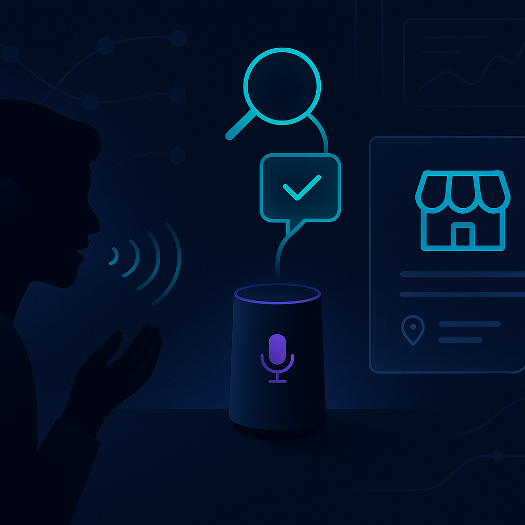 A person asking a voice or AI assistant a question, with search and answer icons pointing toward a small busin