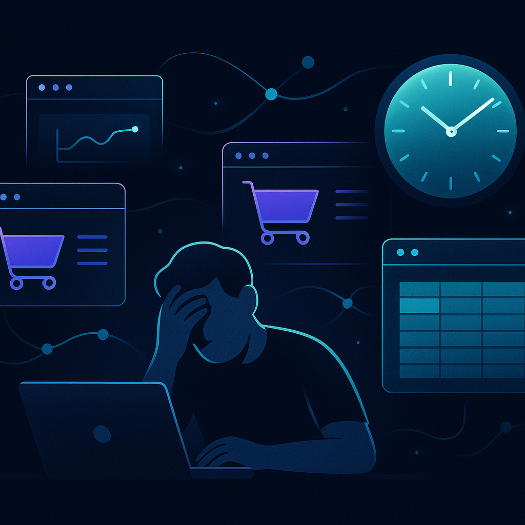 A small online shop owner surrounded by browser tabs and a spreadsheet, looking overwhelmed while a clock show