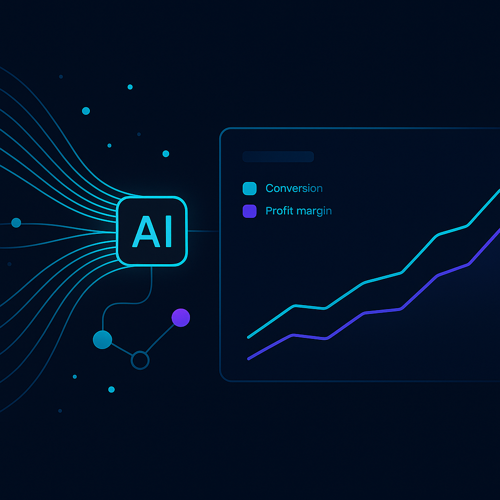 An abstract dashboard visualization showing conversion and profit margins rising, with data streams representi