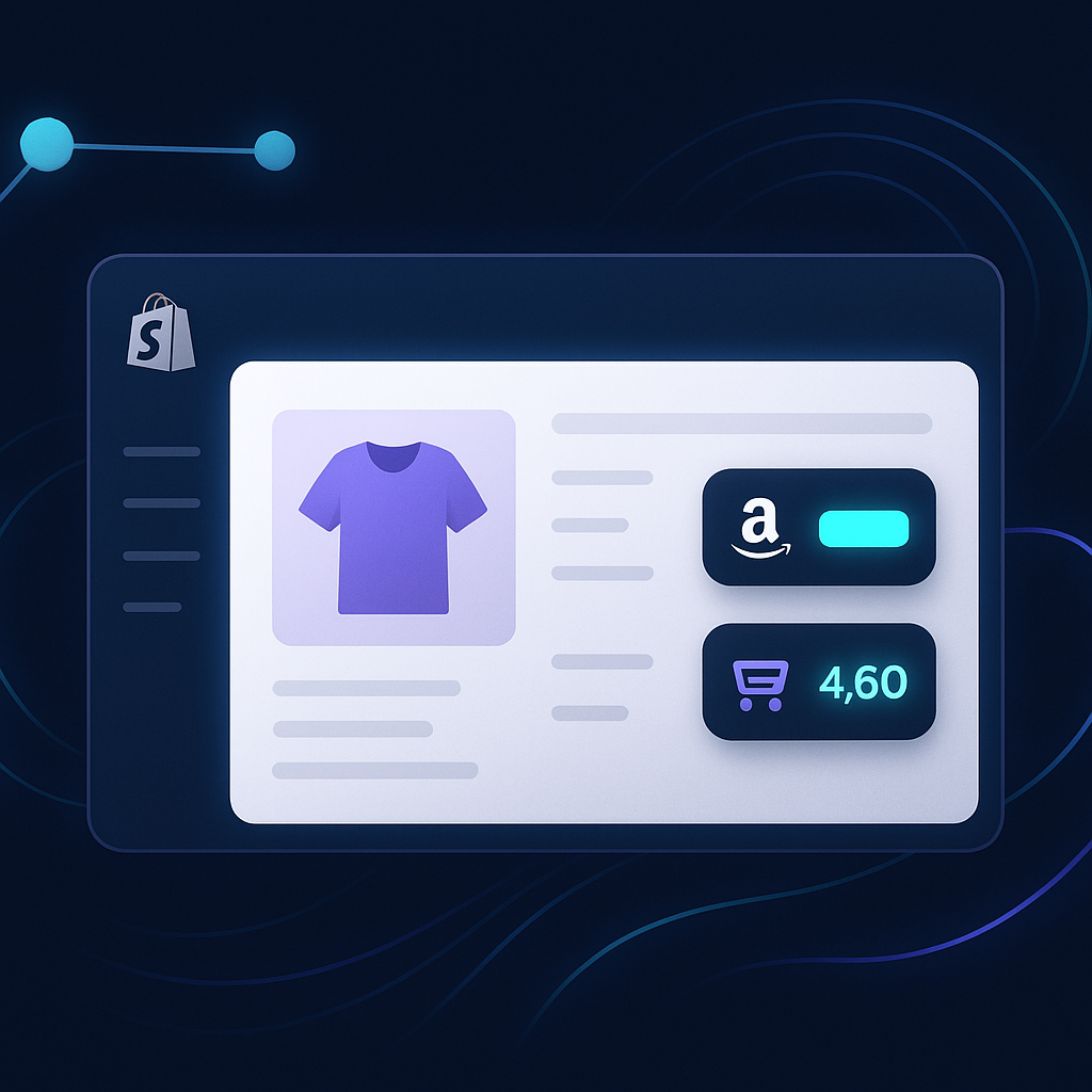 A clean Shopify-style product dashboard connected to a price-monitoring app, showing competitor prices from Go