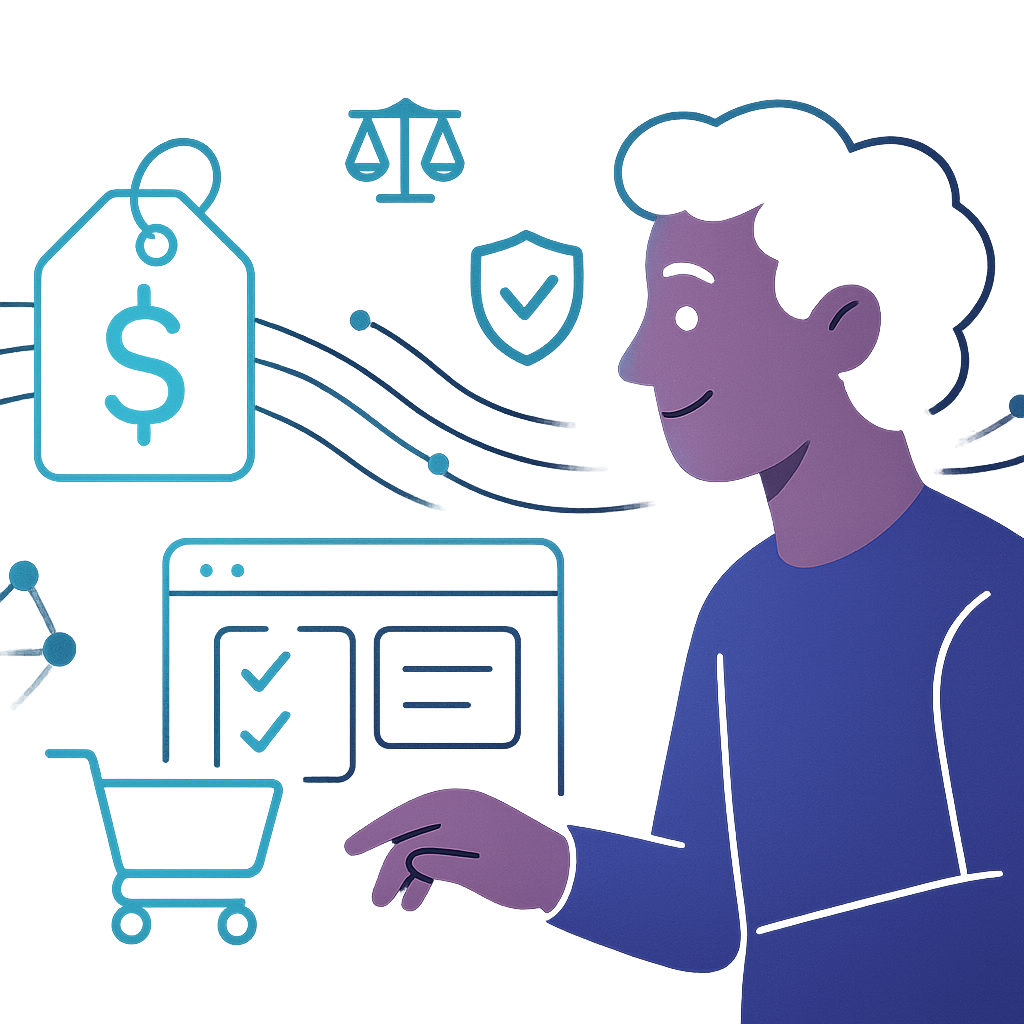 A trust-focused scene: a transparent price tag and a happy online shopper, with subtle icons for fairness, con