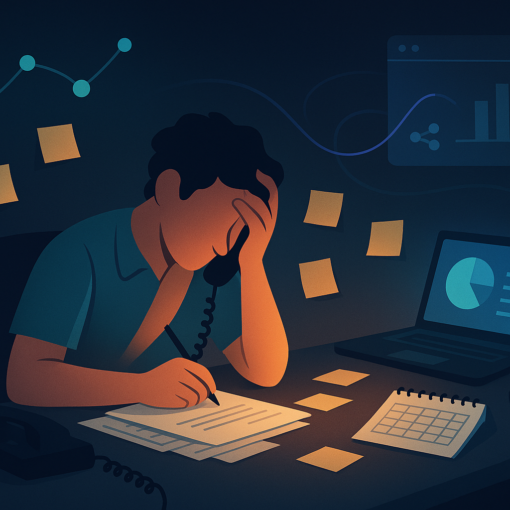 A busy small-business owner at a cluttered desk surrounded by sticky notes, phone, and calendar, overwhelmed b