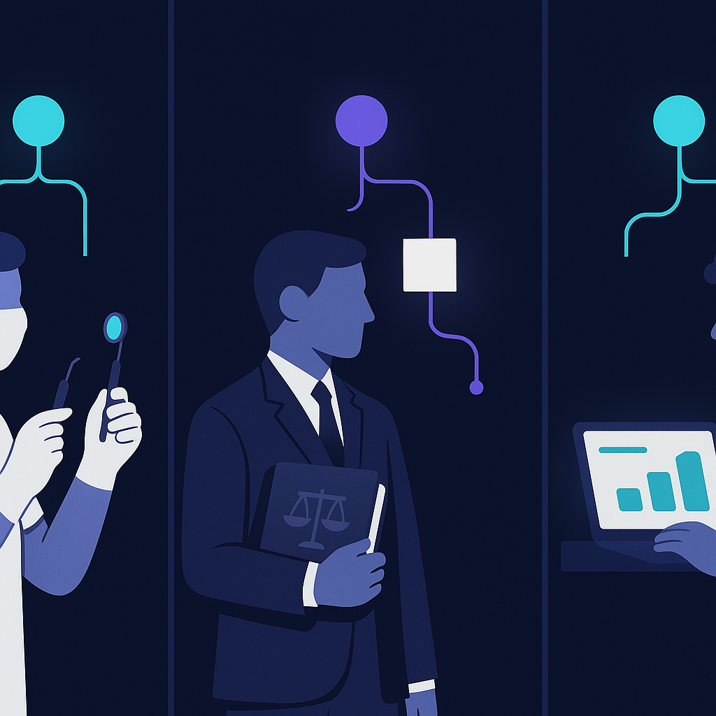 A split scene showing a dentist, a lawyer, and a Shopify store owner each with a simple automated workflow ico