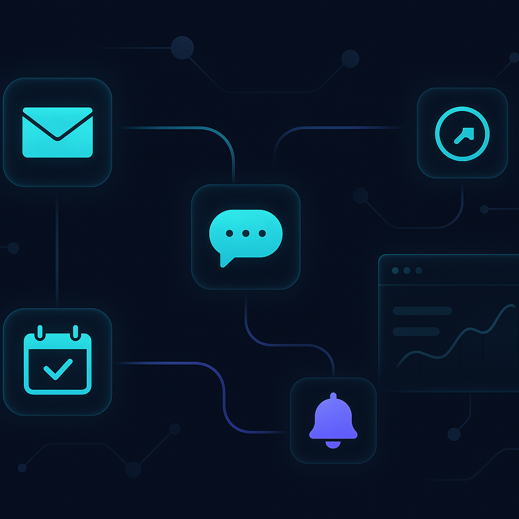A clear step-by-step flow diagram of one automated workflow: lead arrives, auto-reply, booking, reminder, foll