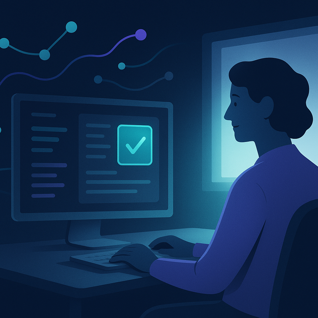 A relaxed service professional reviewing a simple dashboard with a human-check step highlighted, calm confiden
