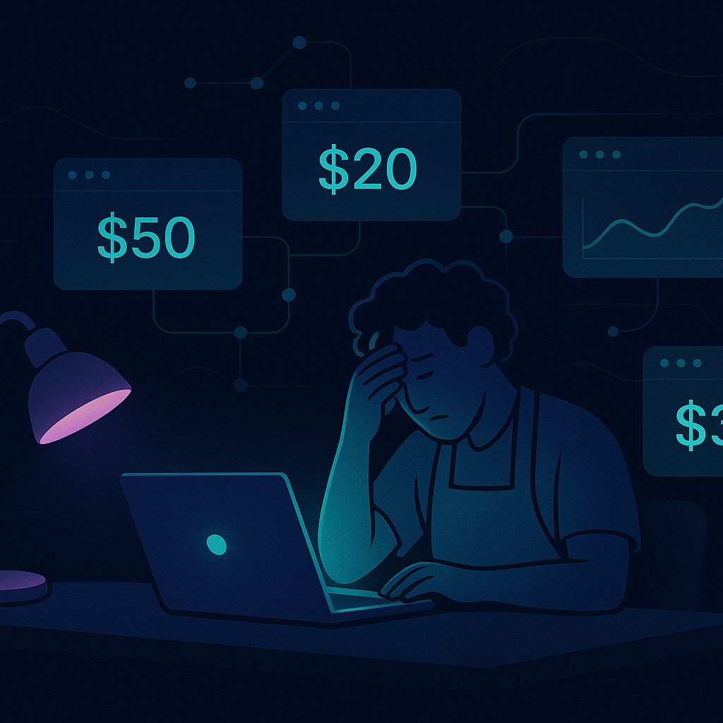 A tired small-shop owner at night surrounded by multiple browser tabs showing competitor product prices, warm 