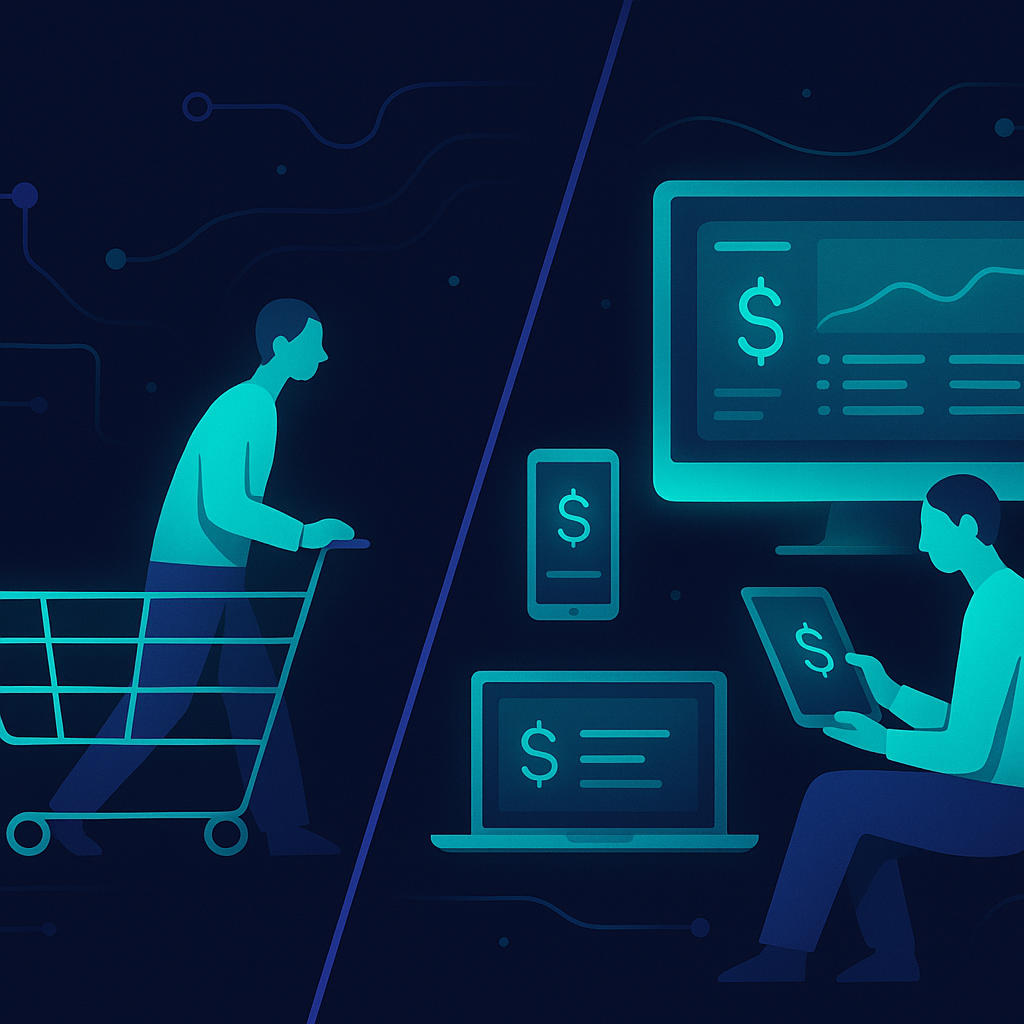 A split scene showing a shopper comparing prices across several devices and a shopping cart, clean modern ecom