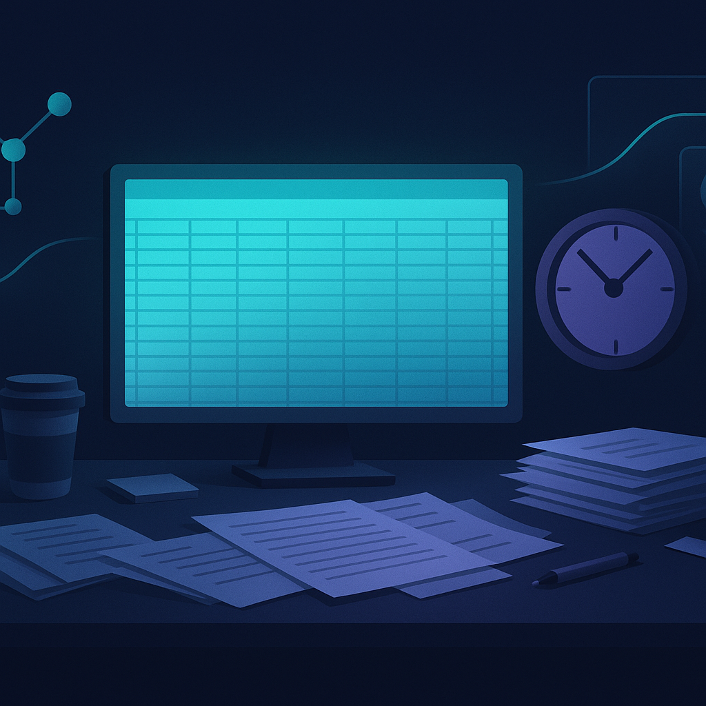 A cluttered desk with an enormous spreadsheet and a clock, symbolizing hundreds of hours of manual price check