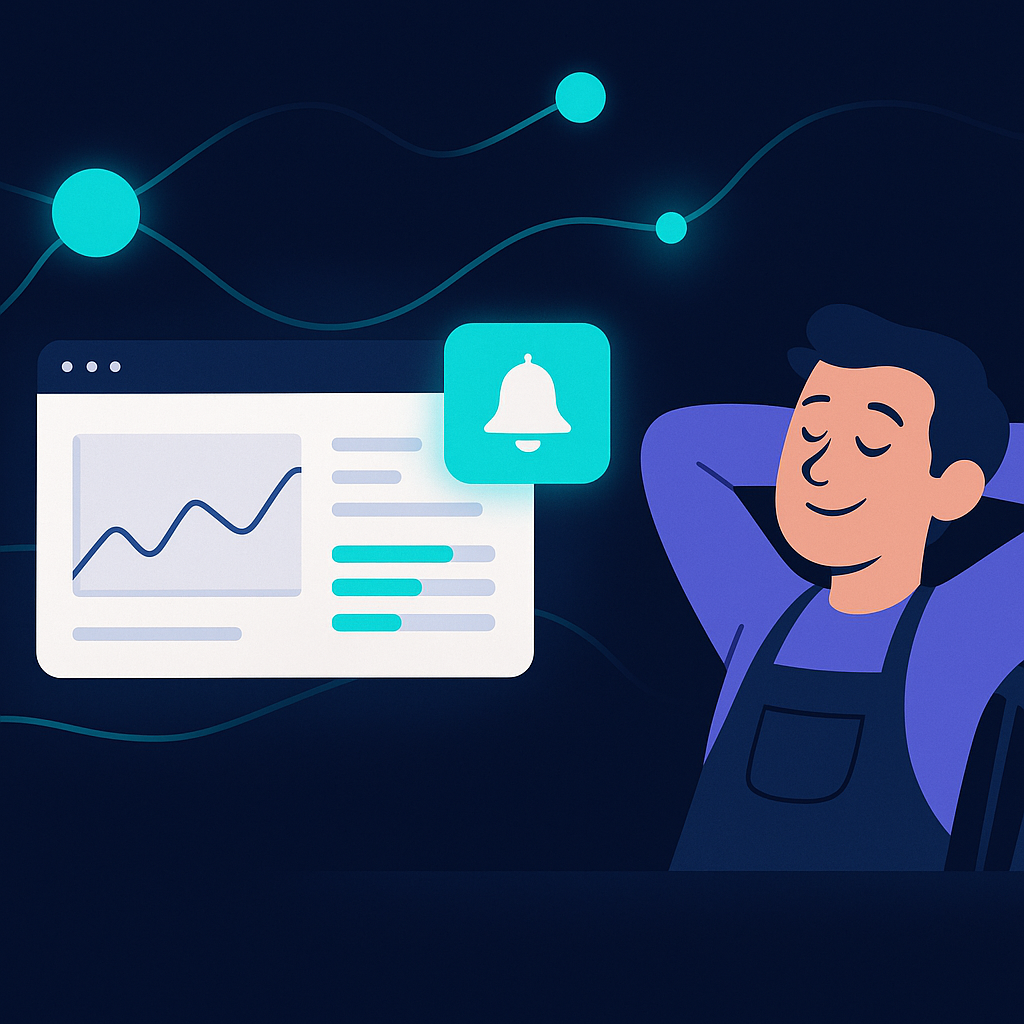 A clean automated dashboard sending price-change alert notifications to a relaxed shop owner, bright minimal i