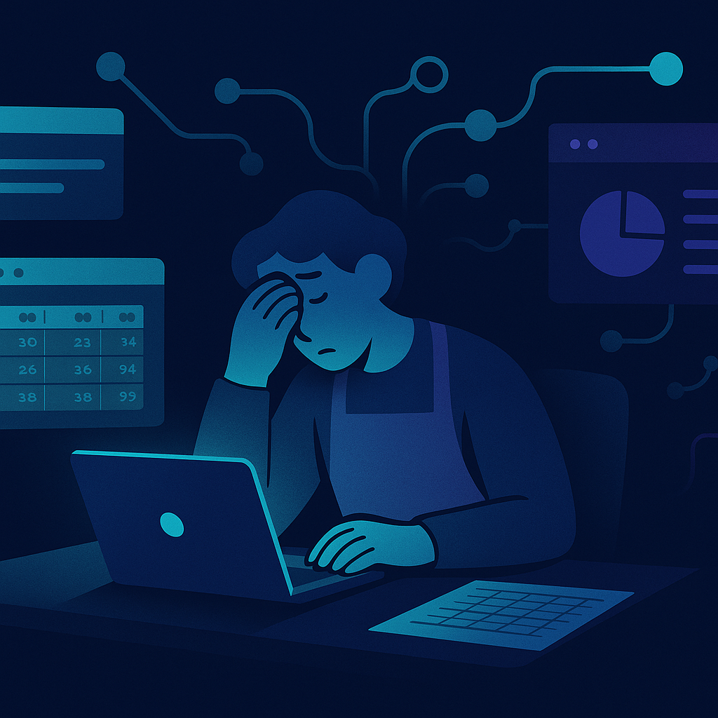 A tired small shop owner at a desk early morning, surrounded by multiple browser tabs and a spreadsheet of com